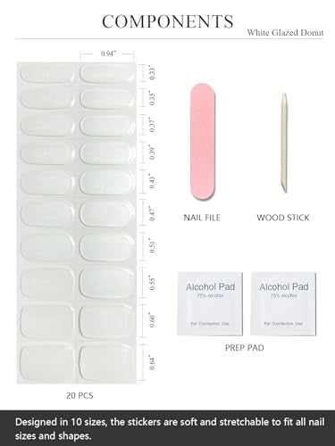 Semi Cured Gel Nail Strips (White Glazed Donut)-20 PCS Gel Nail Stickers | Gel Nail Wraps | UV Light Required, Salon Quality & Easy to Use