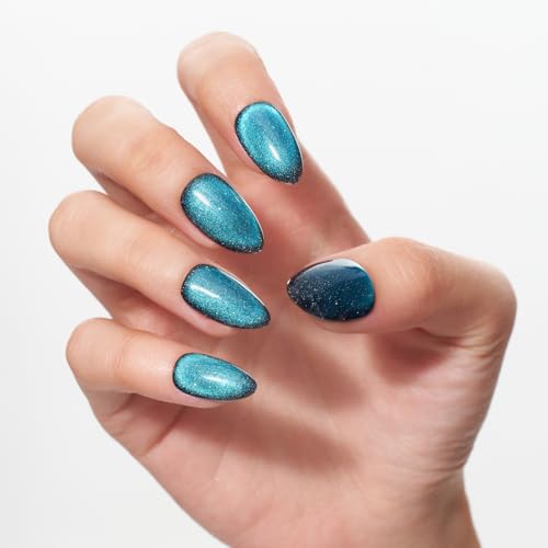 GLAMERMAID Press on Nails Short Almond, Handmade Lake Blue Cat Eyes Gel Glue on Nails, 24Pcs Glossy Short Stiletto Reusable UV Finish Fake Nails Acrylic False Nails Manicure Kits for Women