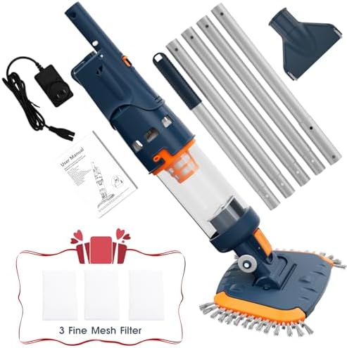 Handheld Rechargable Portable Pool Vacumm, Cordless Spa Cleaner -1h Run Time,High Capacity, Strong Suction,Angle Vac Head, Aluminum Pole,3 Fine Mesh Filter for Hot Tub, Above Ground & Inground Pool