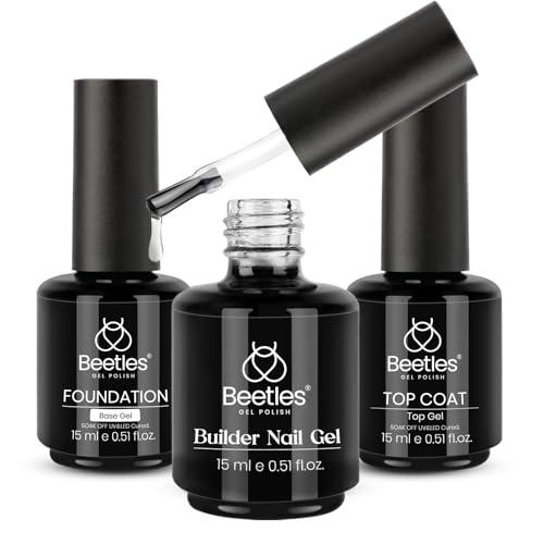 Beetles 3Pcs 15ml Builder Nail Gel with Top and Base Coat Set No Wipe Gel Top Coat Base Gel Builder Extension Gel for Nails Shine Finish and Long Lasting Nail Protection Gift for Women