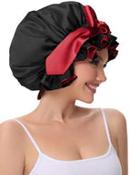 Hair Bonnet for Sleeping, Satin Silk Shower Cap Women 2025 with Tie Band and Adjustable Straps Head Wrap for Curly Hair Black F