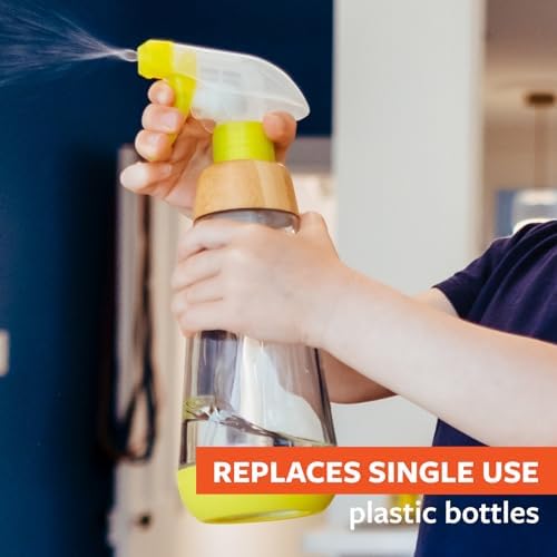 Full Circle Bottle Service - Refillable Glass Spray Bottle for Cleaning - Versatile Stream & Mist Options, Bamboo Details, Silicone Boot - Ideal for Non-Toxic Solutions & Plant Care, 16oz, Green