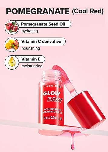 I DEW CARE Lip Gloss - Glow Easy Pomegranate | Jojoba Seed Oil, Vitamin C, Pigmented Glossy Stain, Hydrating, Korean Makeup, Pink Color, Moisturizing, Nourishing Crystal Glass Clear, 0.20 FL Oz