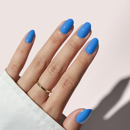 BTArtbox Press On Nails Short - Blue Press On Nails, Oval Fake Nails with Nail Glue, Fit Perfectly & Reusable Glue On Nails in 16 Sizes Nail Kit, Navy Nights