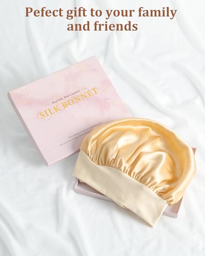 AWAYTR Long Silk Bonnet for Sleeping - 100% Mulberry Silk Bonnet for Women Long Hair Sleep Cap with Elastic Tie Band (Champagne)