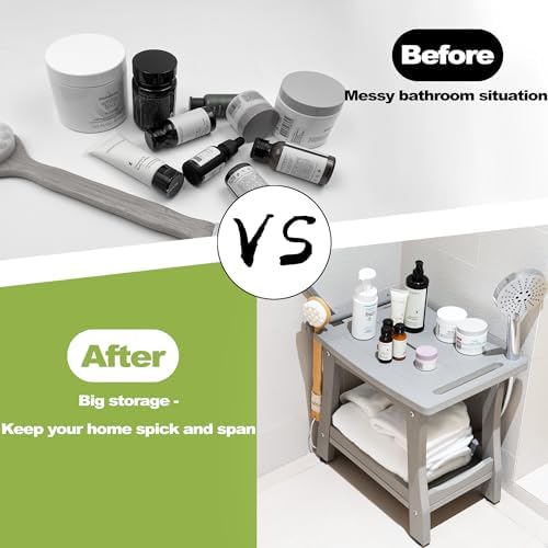 Y&M 2-Tier Bathroom Shower Bench with Waterproof Storage Shelf, HDPE Towel & Shower Head Shelves Curved Seat, Small Tub Chair for Shaving Legs Foot Stool, Bath, Spa, Indoor or Outdoor Use, Gray