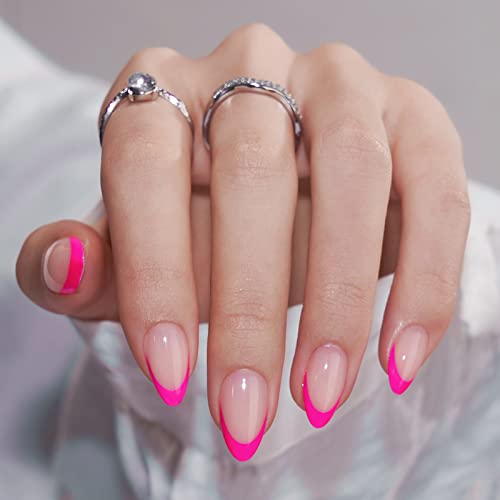 French Tip Press On Nails Almond - BTArtbox Hot Pink Press On Nails Short, Stick On Nails for Women, Glue On Nails with Nail Glue in 16 Sizes - 30 Soft Gel Fake Nails Kit, Berry French