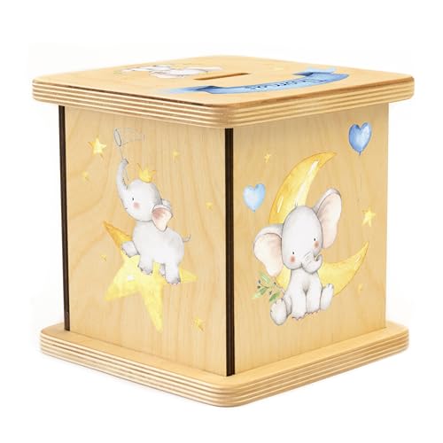 Wooden Piggy Bank for Kids and Adults, Personalized Gift Handmade in USA by BloomOwl, Custom Piggy Bank, Personalized Banks for Kids, Gifts for Baby Boys and Girls (Elephant- Blue)