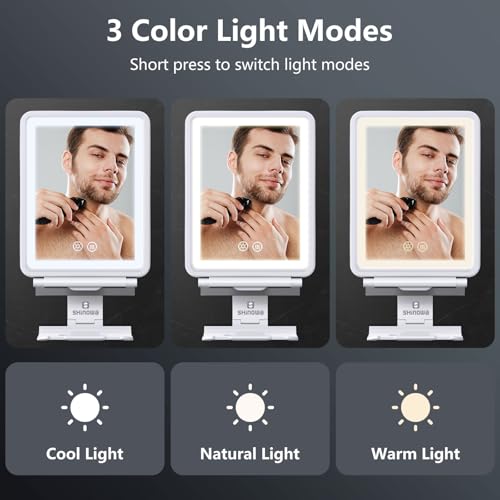 Heated Shower Mirror Fogless for Shaving, 3 Colors Stepless Dimmable Lights Fogless Mirror for Shower, Rechargeable Anti Fog Shaving Mirror with Razor Holder for Men, Light Memory Function, White