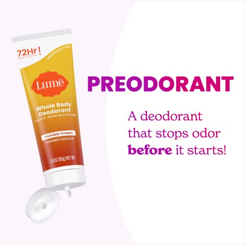 Lume Whole Body Deodorant - Invisible Cream Tube - 72 Hour Odor Control - Aluminum Free, Baking Soda Free, Skin Safe - 3.0 ounce (Pack of 2) (Toasted Coconut)