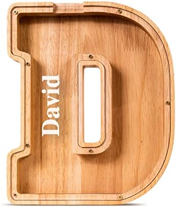 Summidate Customized Name Large Wooden Piggy Bank for Kids Boys Girls Alphabets Letter A-Z Coins Bills Money Change Bank Box Initial on Clear Cover (Laser Engraved) (Alphabet-D, Personalized-9")