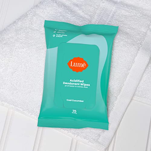 Lume Acidified Deodorant Wipes - 24 Hour Odor Control - Aluminum Free, Baking Soda Free, Skin Safe - 15 Count (Pack of 3) (Cool Cucumber)