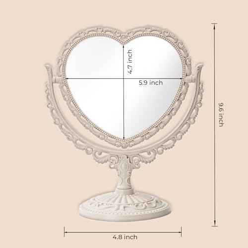XPXKJ 7 Inch Vintage Heart Mirror - Elegant Desk Makeup Mirror with Double Sided 360 Degree Rotation Vanity Mirror for Coquette Room Decor (Beige 1pcs)