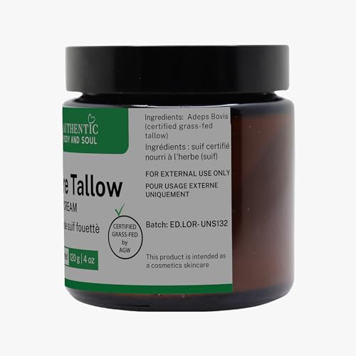 Certified Grassfed Beef Tallow Skin Cream - Whipped Tallow Balm Moisturizer for Sensitive Skin and Baby. (Pure Unscented 4 oz), by Authentic Body And Soul