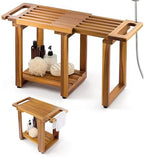 BLUEWEST Adjustable Shower Bench Stool for Inside Shower – 31.7'' Wood Bathroom Bench with Storage Shelf, Built-in Handle & Shower Head Holder, Waterproof Ideal for Sitting, Shelving Legs and Spa Use