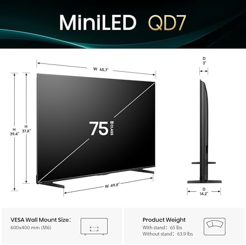 Hisense 75" Class QD7 Series Mini-LED 4K UHD Smart Fire TV (75QD7QF, 2025 Model) - QLED, Native 144hz, HDR10+, Dolby Vision, Dolby Atmos, Game Mode Pro, ALLM, Alexa Built in with Voice Remote, Black