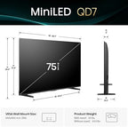 Hisense 75" Class QD7 Series Mini-LED 4K UHD Smart Fire TV (75QD7QF, 2025 Model) - QLED, Native 144hz, HDR10+, Dolby Vision, Dolby Atmos, Game Mode Pro, ALLM, Alexa Built in with Voice Remote, Black