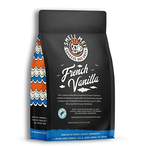 Bones Coffee Company French Vanilla Flavored Coffee Beans, Medium Roast Ground Coffee Low Acid, Creamy Vanilla Flavor (12 oz)
