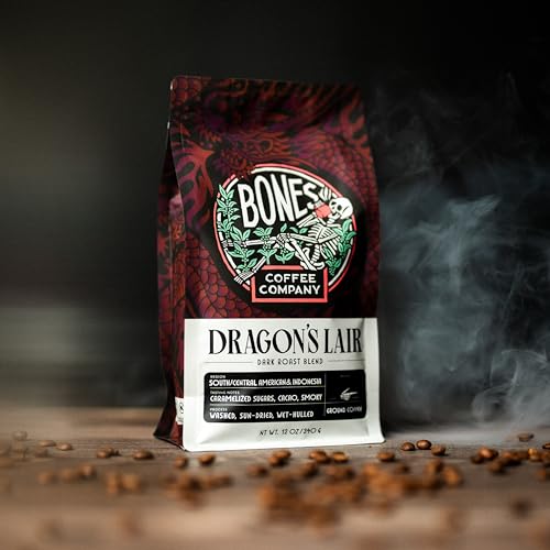 Bones Coffee Company Dragon's Lair Flavored Coffee Beans, Dark Roast Ground Coffee Low Acid (12 oz)