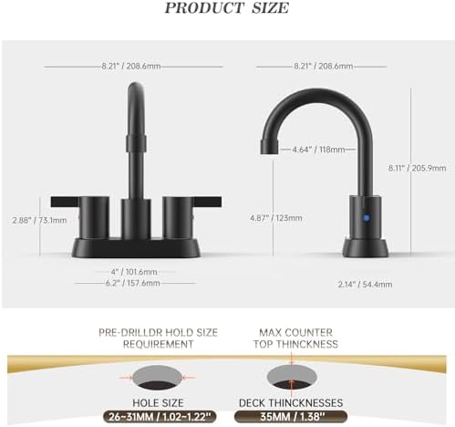 Phiestina 4 Inch 2 Handle Centerset Matte Black Lead-Free Modern Bathroom Faucet, 360 Swivel Spout 2-3 Hole RV Bathroom Vanity Sink Faucet with Pop Up Drain and Water Supply Lines，BF015-1-MB