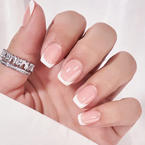 BTArtbox French Tip Press on Nails - Gel Press on Nails Short, No Fade Out Fake Nails with Nail Glue, Seamless Fit Glue on Nails in 15 Sizes Nail Kit for Valentine's Day Gift, Classic White