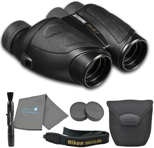 Nikon Travelite 12x25 Binoculars (7279) Travel Bundle - Black With Lens Pen, Carry Case, and Lens Cloth - High Powered Compact for Adults - Bird Watching, Hunting, Hiking