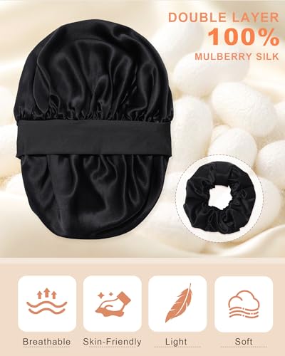Mulberry Silk Bonnet for Sleeping Women Curly Hair Bonnets with Tie Band Double Layer Reversible Sleep Bonnet Silk Hair Wrap Sleep Cap (Black)