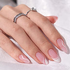 BTArtbox Press On Nails Medium - Soft Gel French Tip Press On Nails, Almond Glue On Nails with Nail Glue, Reusable Stick On Nails in 15 Sizes, White Swirl