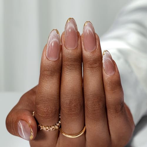 BTArtbox Press On Nails Almond - Cat Eye Press On Nails Medium Fake Nails with 3D Sculpting Metallic Design, Supremely Fit & Glossy Glue On Nails in 15 Sizes for Gift, Knightshield