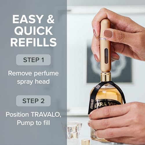 Travalo Classic HD Perfume Atomizer - Elegant Design for Valentine’s Day - Reusable, Airtight, Easy Fill Mini Pump Sprayer with Volume Window - Gold