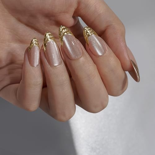 BTArtbox Press On Nails Almond - French Tip Press On Nails with 3D Sculpting Metallic Design, Medium Glue On Nails in 15 Sizes, Steelheart