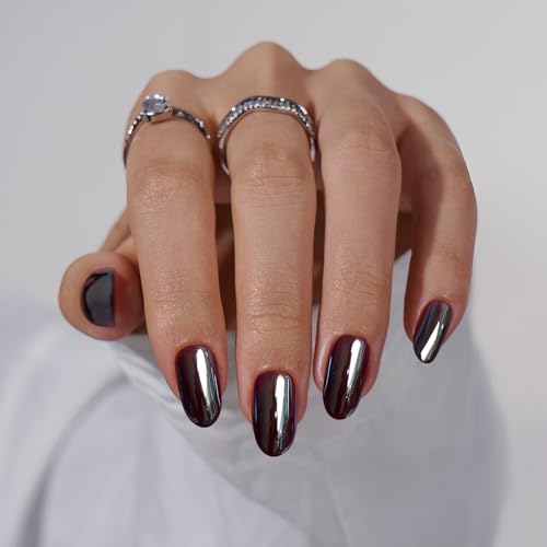 BTArtbox Press On Nails Short - Black Oval Press On Nails, Chrome Glazed Glue On Nails, Supremely Fit & Glossy Stick On Nails in 16 Sizes - 30 Fake Nails Kit, Magic Mirror