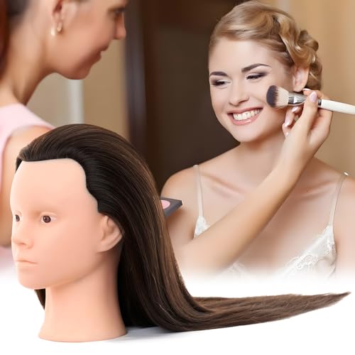 28Inch 60% Real Hair Makeup Mannequin Head, Cosmetology Mannequin Head with Hair for Makeup Braiding Curling Cuting,Makeup Doll Head for Hair Styling with Table Clamp Hair Styling Set(Dark Brown)