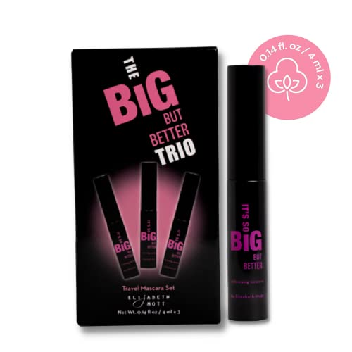 Elizabeth Mott Black Volumizing Smudge-Proof Cruelty Free Lengthening Fiber Mascara Set with Hourglass Wand, Water-Resistant, Safe for Eye Lash Extensions, Travel-friendly, Mini Trio Set, 4 ml x 3