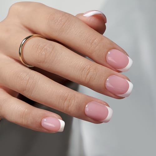 BTArtbox Press On Nails Short - Square French Tip Press On Nails, Fake Nail with Nail Glue, Natural Reusable Stick On Nails in 15 Sizes - 30 Fake Nails Kit