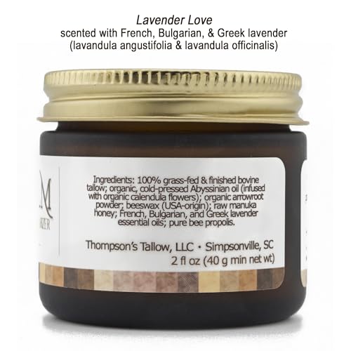 Thompson’s Tallow – Beef Tallow for Skin, 100% Grass-Fed Whipped Tallow Balm Moisturizer with Abyssinian Oil, Manuka Honey & Propolis, Herb-Infused, USA Handmade, Lavender