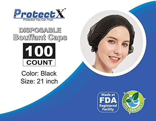 ProtectX 100-Pack Black Disposable Hair Nets, Elastic Head Cover, Bouffant Caps, Sanitation Head Cover for Food Service, Spa Men & Women - 21 inch