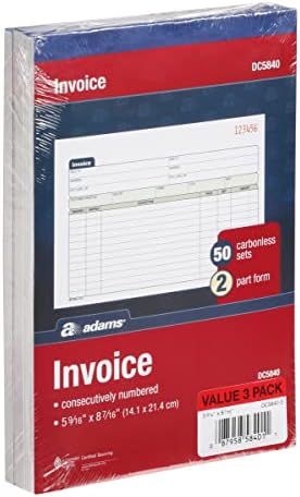 Adams Invoice Book 3 Pack, 2 Part Carbonless Invoices, Horizontal Sales Slip, 5-9/16 x 8-7/16 Inches, 50 Sets per Book (DC5840-3)