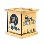 Wooden Piggy Bank for Kids and Adults, Personalized Gift Handmade in USA by BloomOwl, Custom Piggy Bank, Personalized Banks for Kids, Gifts for Baby Boys and Girls (Construction- Navy)