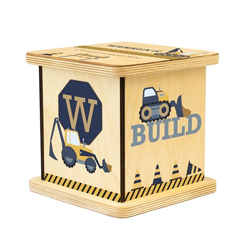 Wooden Piggy Bank for Kids and Adults, Personalized Gift Handmade in USA by BloomOwl, Custom Piggy Bank, Personalized Banks for Kids, Gifts for Baby Boys and Girls (Construction- Navy)