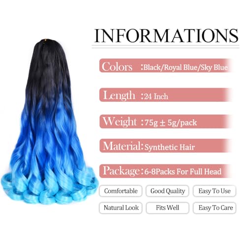 French Curl Braids Hair 8 Packs 24 Inch Ombre blue Pre Stretched Bouncy Braiding Hair French Curls Synthetic Hair Extensions for Boho Box Braids (24inch,8 Packs,Black/Royal Blue/Sky Blue)