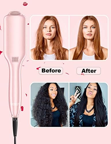 LANDOT Ceramic Hair Straightener Brush: Negative Ion Heated Straightening Brush for Smooth Frizz-Free Hair - Dual Voltage 100-240V Fast Heating Ajustable Temp 250°F-450°F