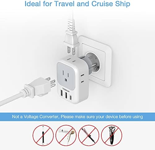 TESSAN Type E F Plug Adapter, Germany France Power Adapter with 3 USB Ports(1 USB C), 4 AC Outlets Travel Adaptor for US to Europe EU Spain Iceland Korea Greece Russia German French