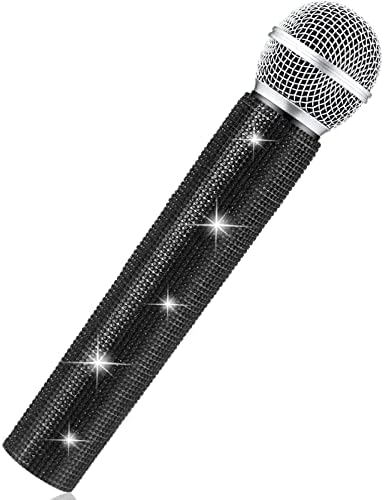 Sanwuta Fake Microphone Prop Sparkly Bling Rhinestones Plastic Play Microphone Pretend Glitter Bedazzled Mic for Cosplay Party Costume(Black)