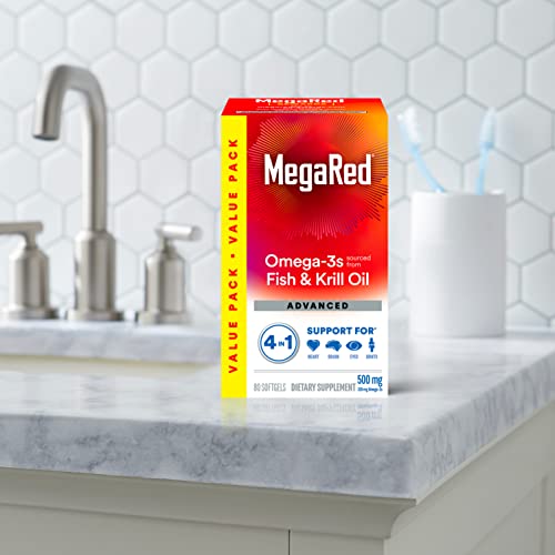 Megared Omega-3 Fish Oil + High Absorption Krill Oil 500mg Softgels, MegaRed Advanced 4in1 (80 count in a bottle) Concentrated Omega-3 Fish & Krill Oil Supplement