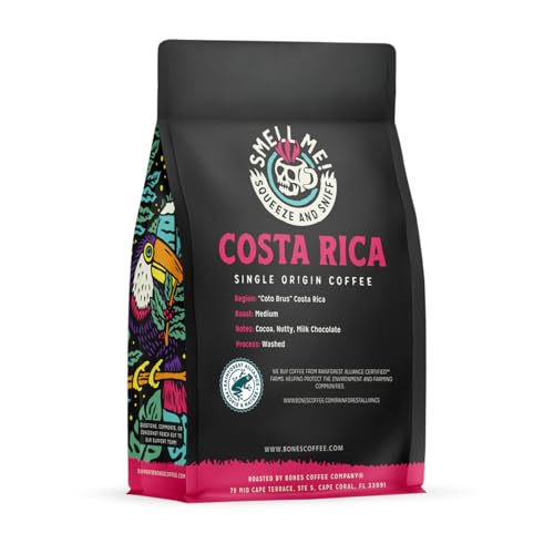 Bones Coffee Company Costa Rica Single-Origin Coffee Beans, Whole Bean Coffee Medium Roast Gifts Low Acid Gourmet, Cocoa, Nutty, Milk Chocolate Notes (12 oz)