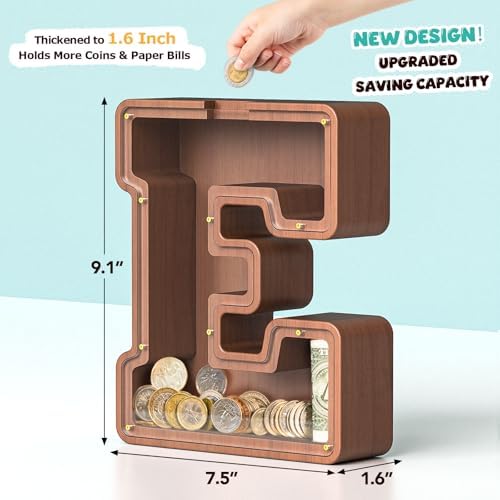 Summidate Wooden Letter Piggy Bank, Extra Thick Large Capacity Piggy Bank for Kids Boys Girls Toddler, Alphabet E Money Bank| Coin Box Birthday, Christmas, Festival