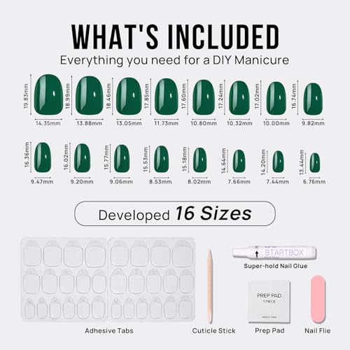 BTArtbox Press On Nails Short - Dark Green Press on Nails, Short Oval Fake Nails with Nail Glue, Natural Reusable Stick on Nails in 16 Sizes Soft Gel Nail Kit, Pine Needle