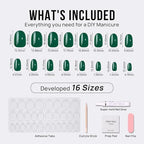 BTArtbox Press On Nails Short - Dark Green Press on Nails, Short Oval Fake Nails with Nail Glue, Natural Reusable Stick on Nails in 16 Sizes Soft Gel Nail Kit, Pine Needle