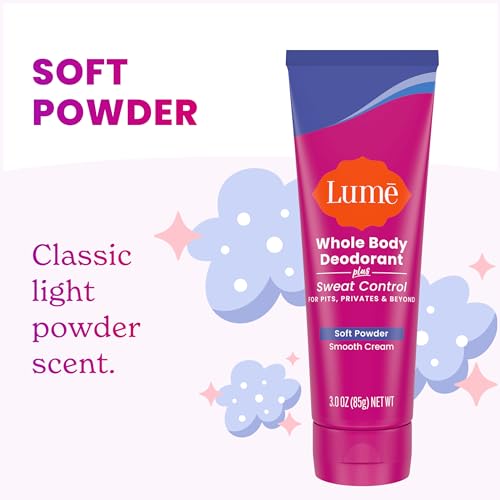 Lume Whole Body Deodorant Plus Sweat Control - Smooth Cream Tube - 72 Hour Odor And Sweat Control - Baking Soda Free, Skin Loving - 3.0 ounce (Pack of 2) (Soft Powder)